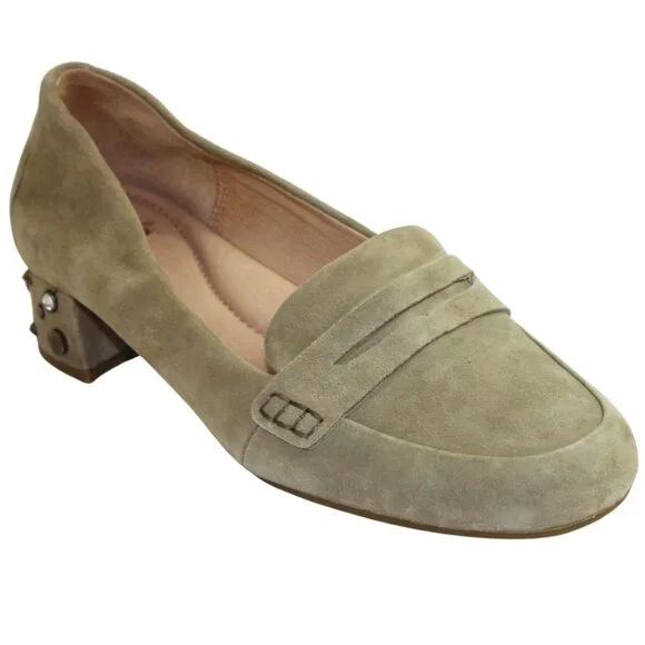 UGG Elise Tan Khaki Suede Penny Loafers Studded Heel Boho Chic Size 6.5 - Picture 5 of 11